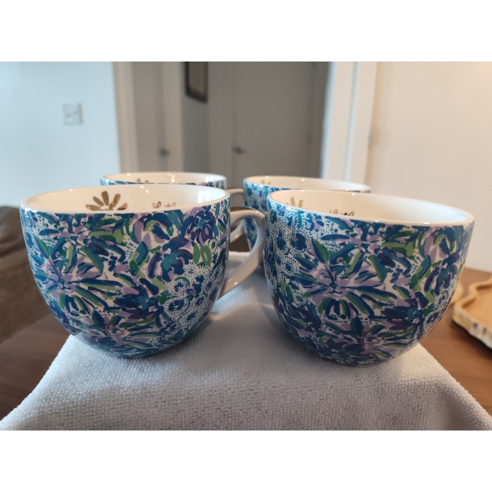 Lilly Pulitzer Floral Ceramic Coffee Mug Set of 4 Blue Purple Gold Handle Cups